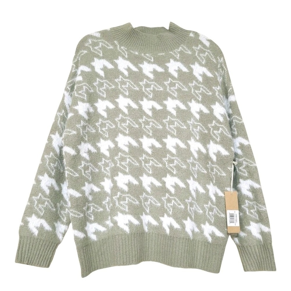 Dreamers by Debut Womens L‎ New Houndstooth Pullover Sweater- Sage Green White